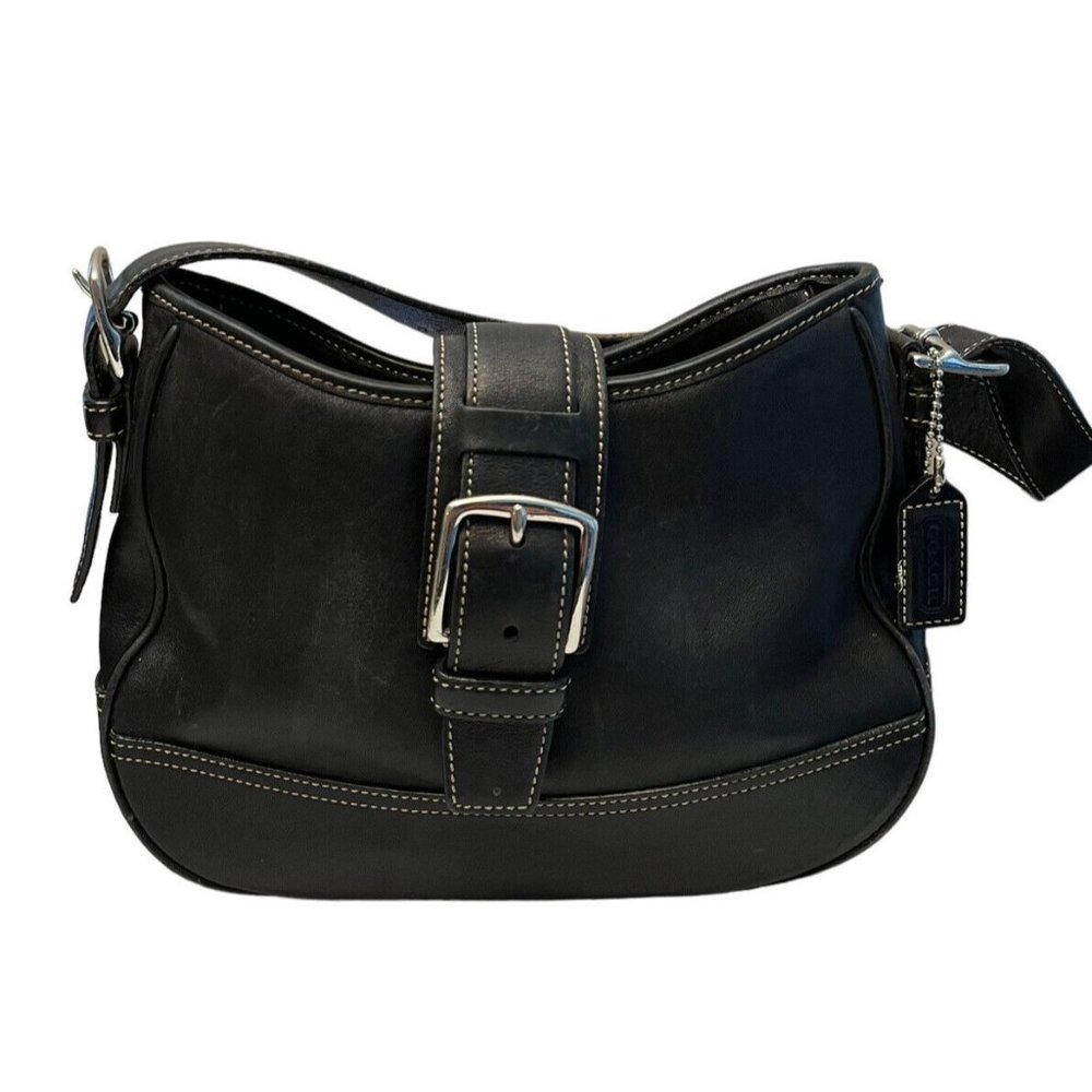 Vintage Coach Hampton Black Leather Handbag Shoulder Bag Silver  D2S-7584